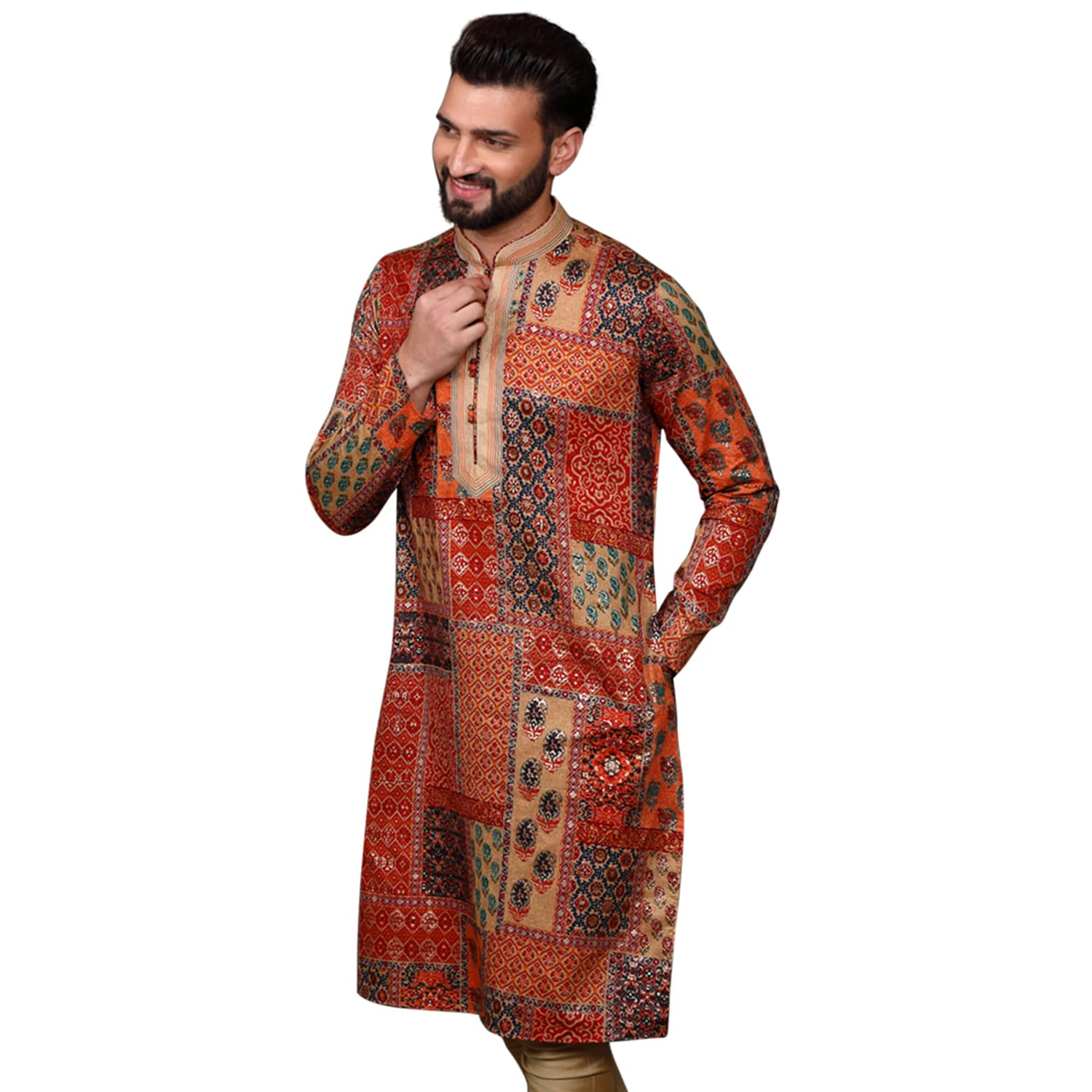 Kisah Men Red Kurta, Cotton, Full Sleaves, Knee Length, Straight, Regular Fit, Mandarin Collar Ethnic Wear, 38