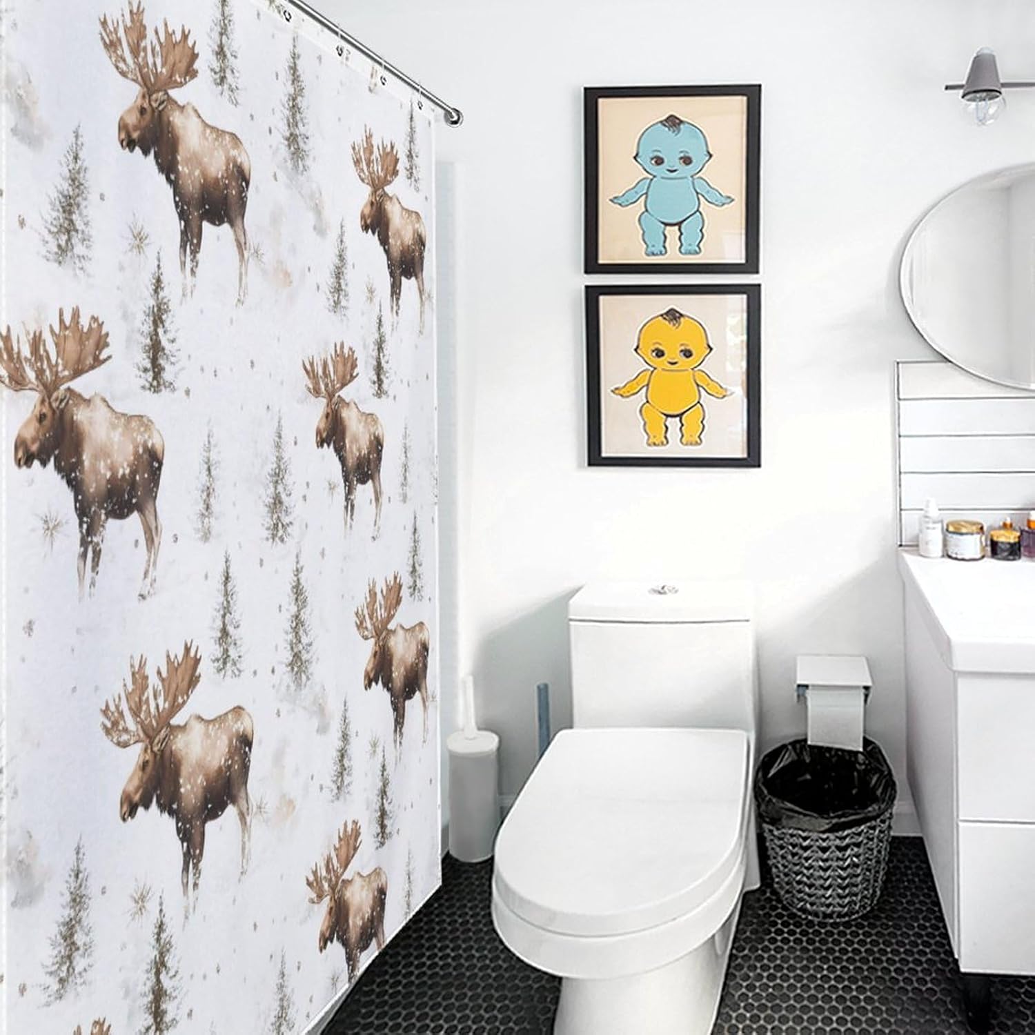 Moose in Winter Day Bath Curtain Waterproof Shower Curtains with Hooks for Bathroom Showers and Bathtubs
