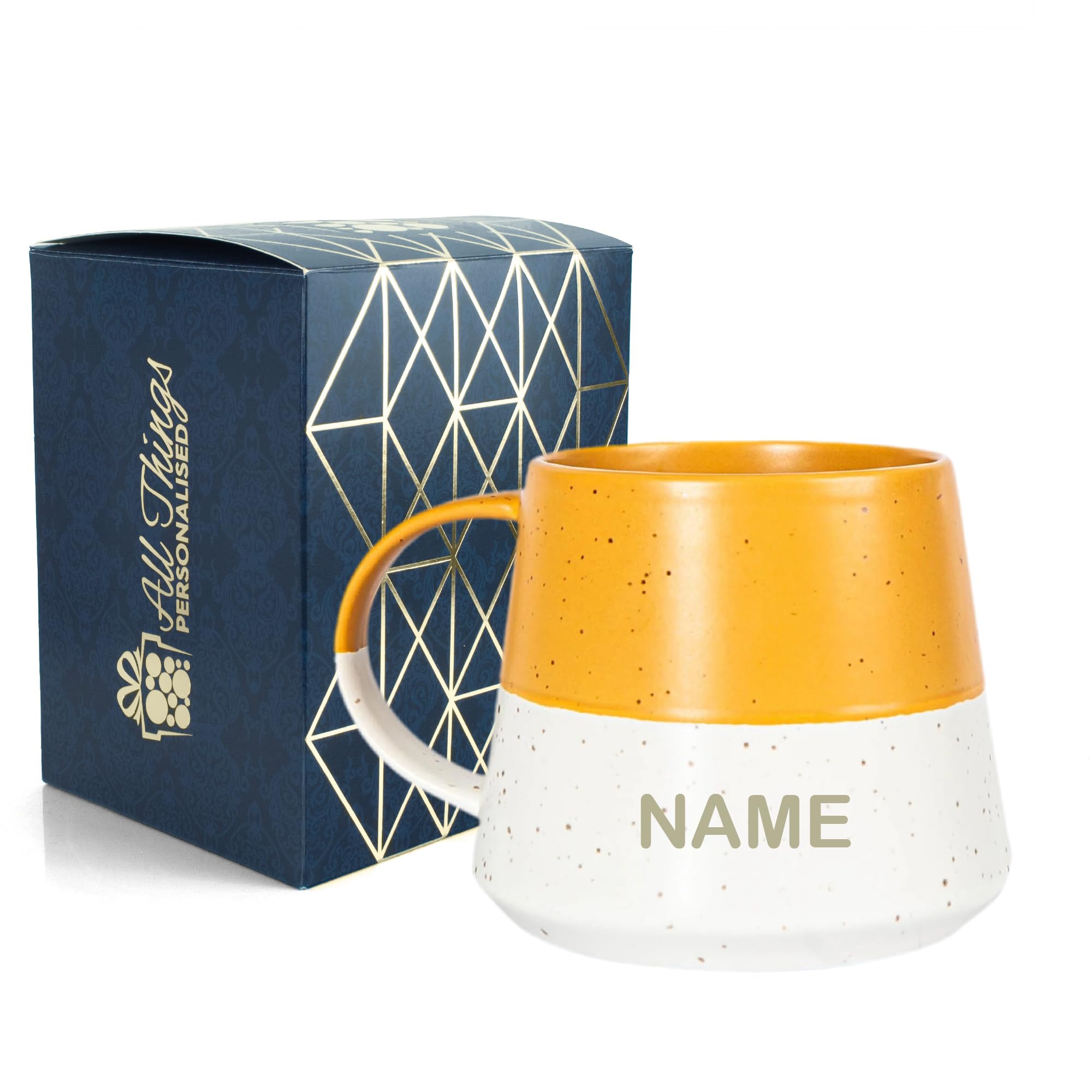 Personalised Ceramic Coffee Mug with Name - 370ml Stoneware Belly Mug - Custom Engraved Gift Boxed Cup for Tea & Coffee - Birthday Christmas Gift for Her Him - Yellow