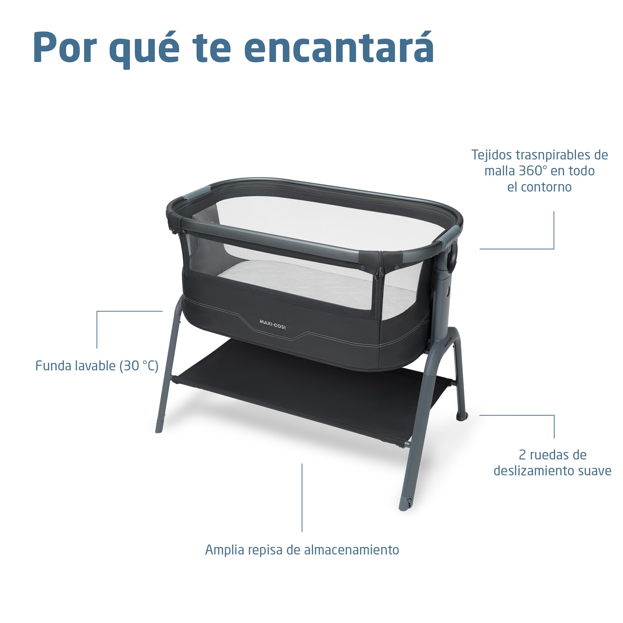 Maxi Cosi Iora² Cuna Colecho, 0-6 Meses (9 kg), Cuna Colecho Bebé Plegable y Ligera, Colchón CloudCore de 5cm, 5 Niveles de Altura, 2 Ruedas con Deslizamiento Suave, Fácil de Mover, Elegance Graphite