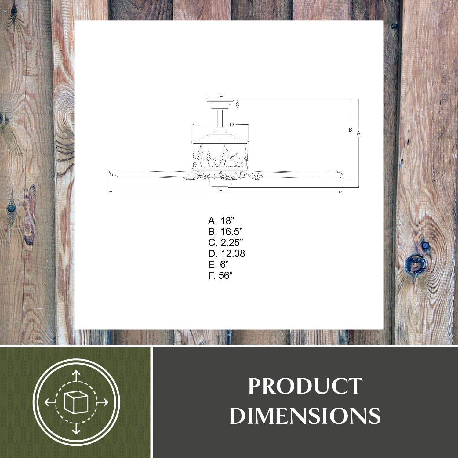 Technical drawing with dimensions of the VAXCEL Yellowstone 56-inch ceiling fan.