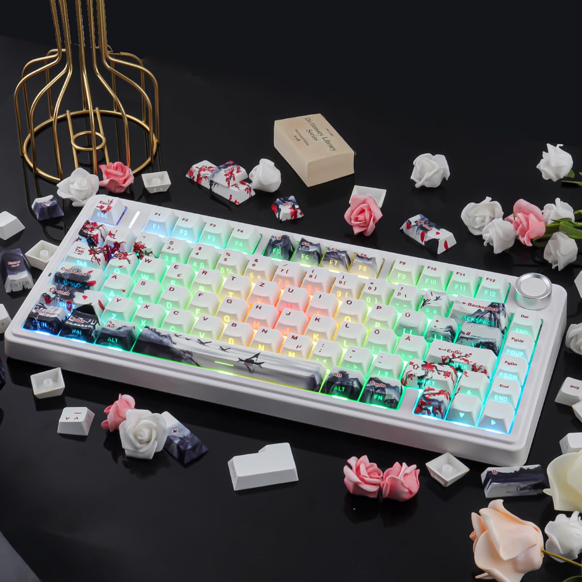 PBT German Keycaps, 133 Keys Double Shot Landscape Plum Blossom Keycaps Dye-Sub Cherry Profile Side Printed Shine Through Keycap for Cherry MX Switch ISO QWERTZ Layout Mechanical Keyboards