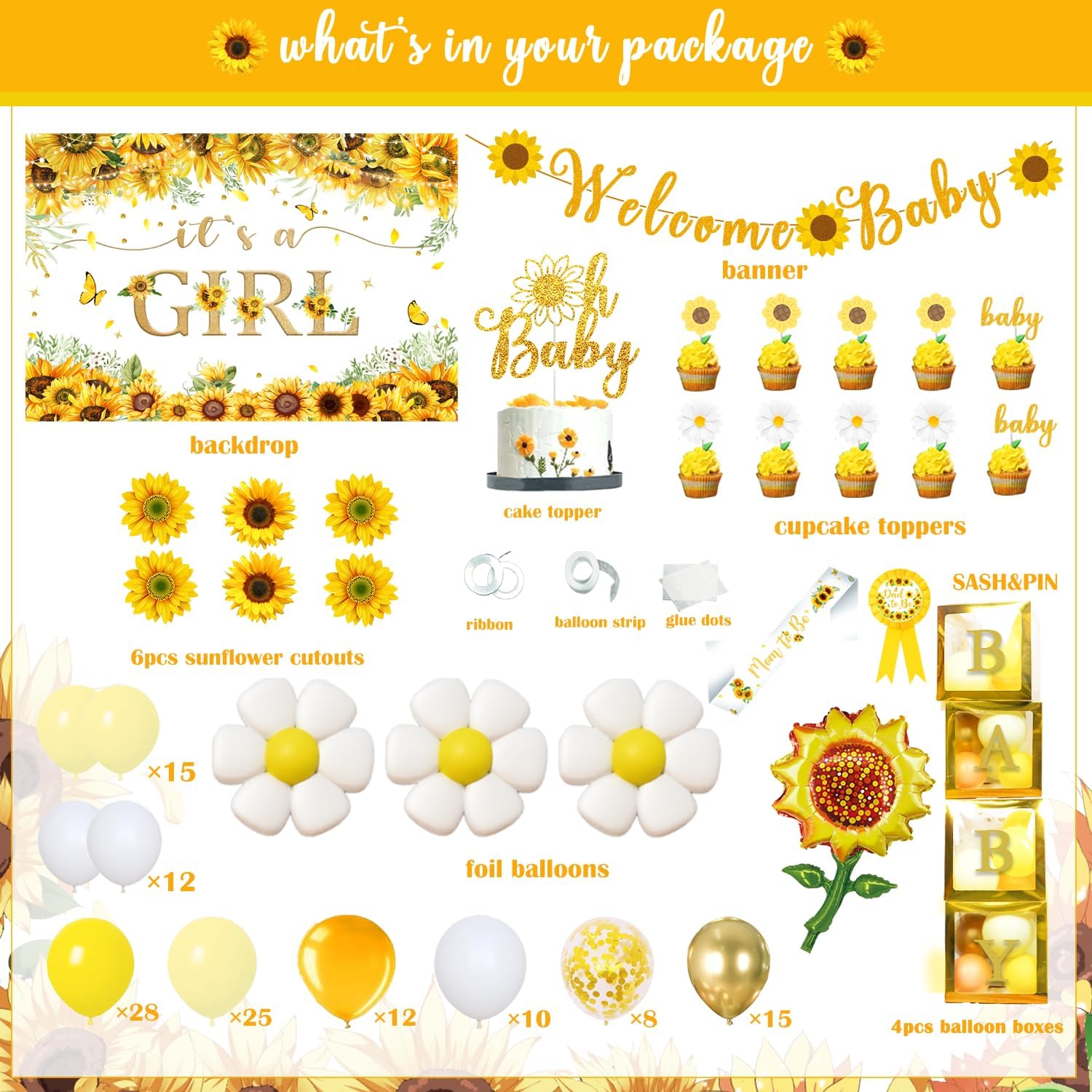 Sunflower Baby Shower Decorations for Girl, Yellow Baby Girl Shower Décor, Mommy To Be Sash&Pin Boxes Sunshine Sunflower Cake Cupcake Toppers Balloon Arch Backdrop, It's a Girl Baby Shower Supplies