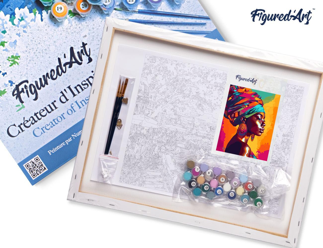 Figured'Art Peinture par Numéro Adulte avec Cadre Dame africaine lumineuse - Activité Manuelle Kit de Loisir Créatif DIY Numéro d'Art Complet - 40x50cm toile tendue sur châssis