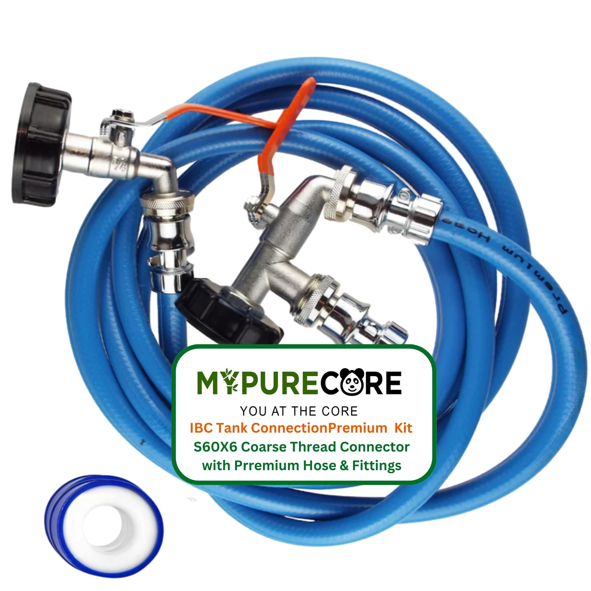 MYPURECORE IBC Tank Connection Kit S60X6 Premiumโ Chrome & Brass Hose Fittings with Double Tap, 1/2" Reinforced Hose (2m/3m), Snap-On Connectors โ Hozelock Compatible (3m)