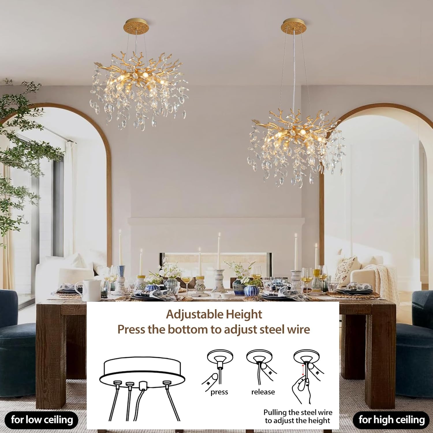 Modern Tree Branch Crystal Chandelier 18'' Luxury Gold Crystal Chandelier 6-Light Small Crystals Pendant Chandeliers for Dining Room Kitchen Bedroom Foyer Entryway