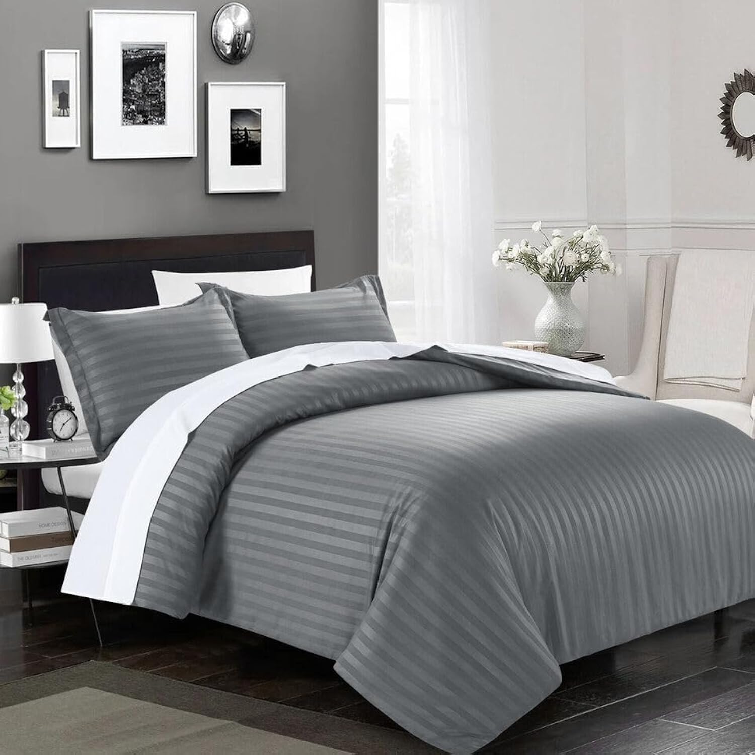 Hotel Duvet Cover Stripe 220x240cm King Size 3 Pcs Set - 1 Duvet Cover 220x240cm (Without Filling) - 2 Oxford Pillow Cases 48x74+5cm - Premium Quality Microfiber Stripe Duvet Cover set (Gray)