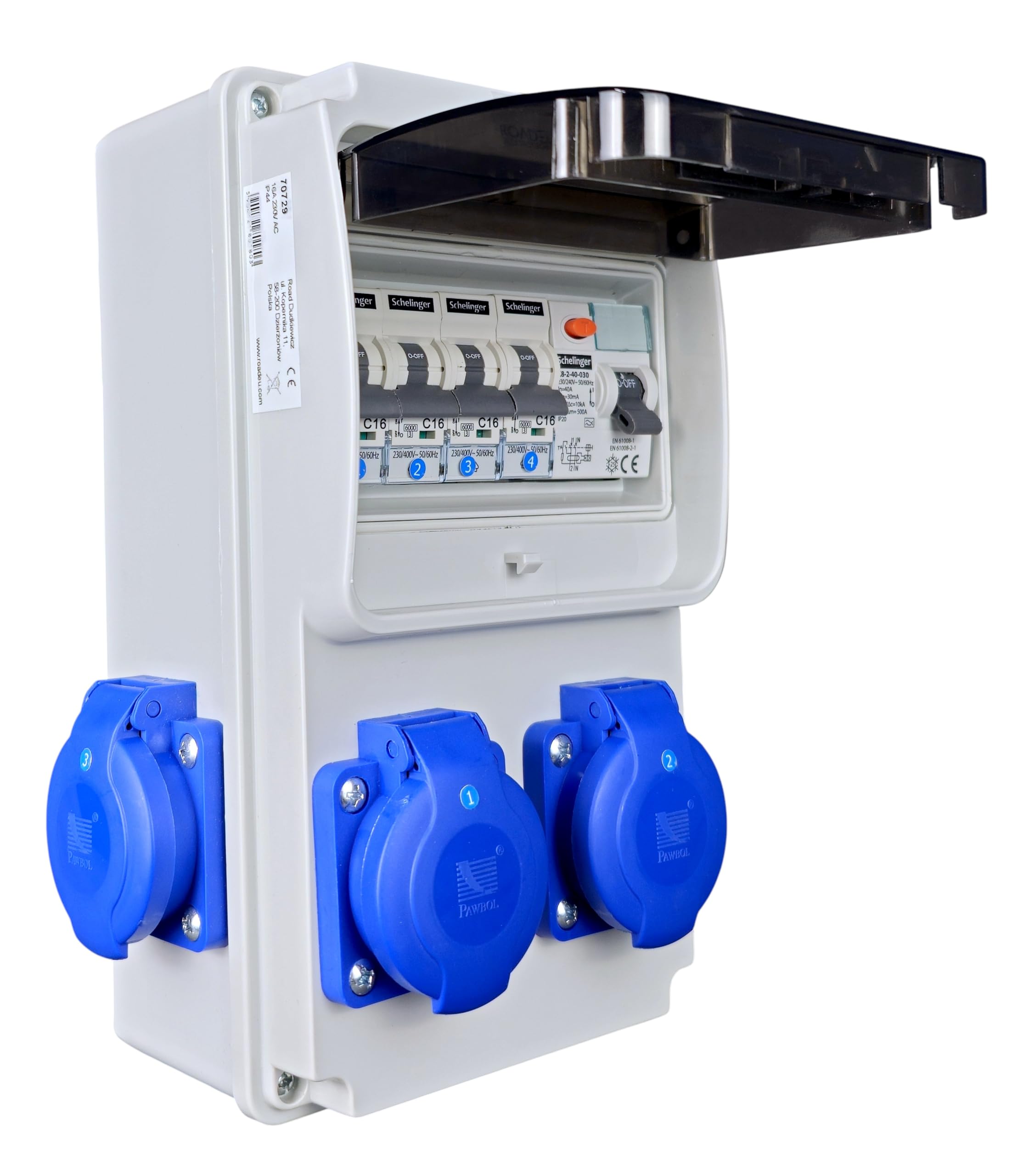 RoadEu - Coffret de Chantier 230V, 4x Prises avec interrupteur, IP44 Distributeur de Prises avec disjoncteur différentiel 40A type A/AC, 4x LS C16A. Idéal pour les ateliers, les garages et les usines