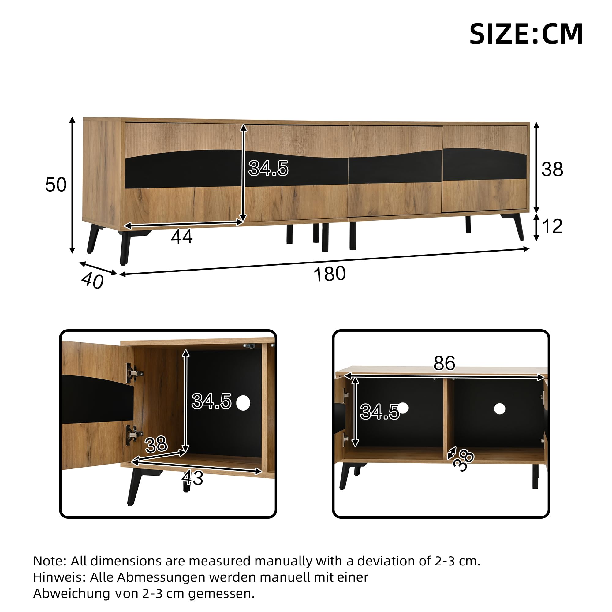 Mueble para televisión, 180 x 40 x 50 cm, color madera + soporte para TV de empalme negro, armario de TV con 4 armarios, armario de salón con 8 patas de apoyo, capacidad de carga recomendada 30