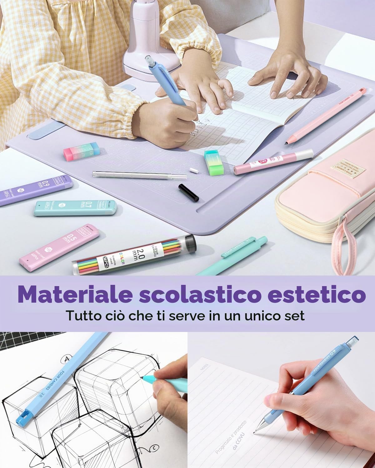 Four Candies 36 articoli estetici per la scuola in astuccio, 12 matite meccaniche da 0,5, 0,7, 0,9 e 2,0 mm con 624 ricariche di piombo, set di matite meccaniche pastello