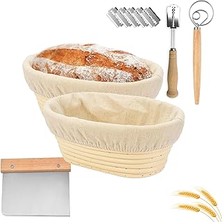 Bread Proofing Basket Oval,2PCS 10 in/25cm Large Banneton Brotform Rising Proving Bowl,100% Natural Rattan Sourdough,for Professional Home Bakers,750g Dough,Linen cloth Liner,Dough Scraper,Dough Whisk