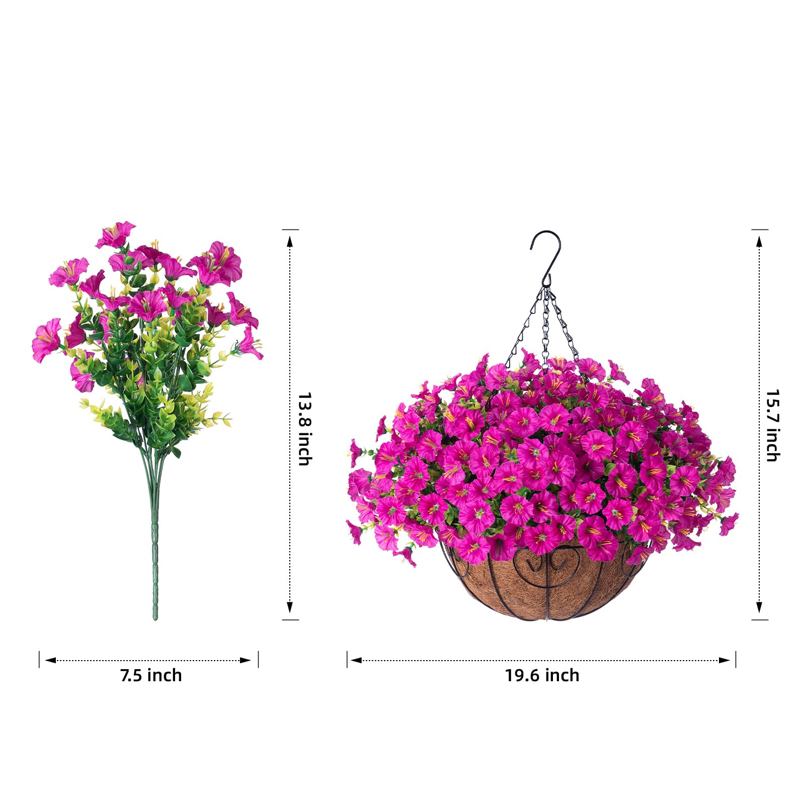 Artificial Faux Hanging Morning Glory Plant Basket - UV Resistant Silk Flowers For Outdoor Porch, Patio, Balcony, Hot Pink