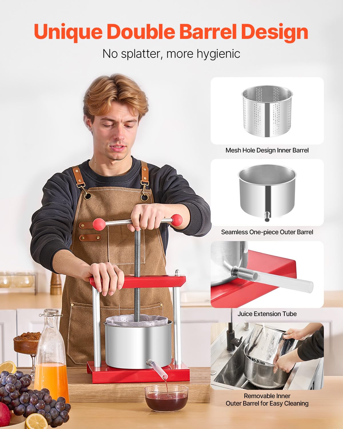 VEVOR Pressa Manuale per Vino di Frutta Cesto in Acciaio Inox 3L con Manico, Spremiagrumi Manuale per Bevande Alcoliche Pressa per Sidro, Mela, UVA, Tintura, Miele, Olio d'Oliva Cucina, Casa