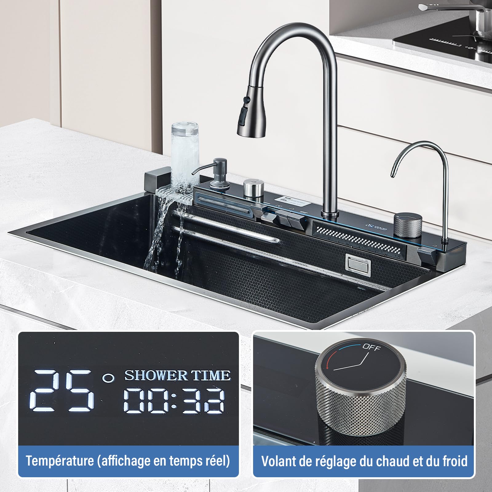 Évier de Cuisine Multifonction avec Haute Pression Robinet Cuisine Bec Extractible et 4 Modes de Pulvérisation Acier Inoxydable Gris Canon 75 * 45 * 21 Evier 1 Bac