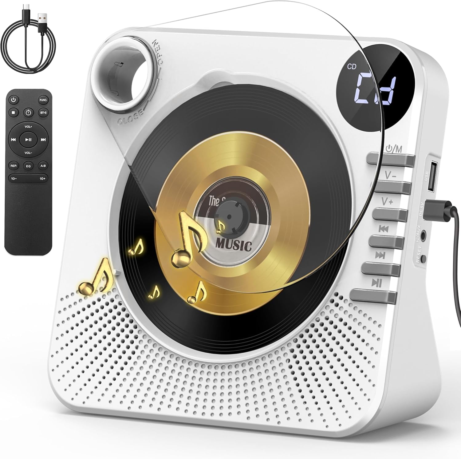 Greadio CD Player Tragbar mit Bluetooth 5.1, Kinder CD Spieler mit Lautsprecher, Fernbedienung, HiFi-Sound, Staubschutz, AUX/USB-Wiedergabe, Tragbarer cd Player für Zuhause (Weiß)