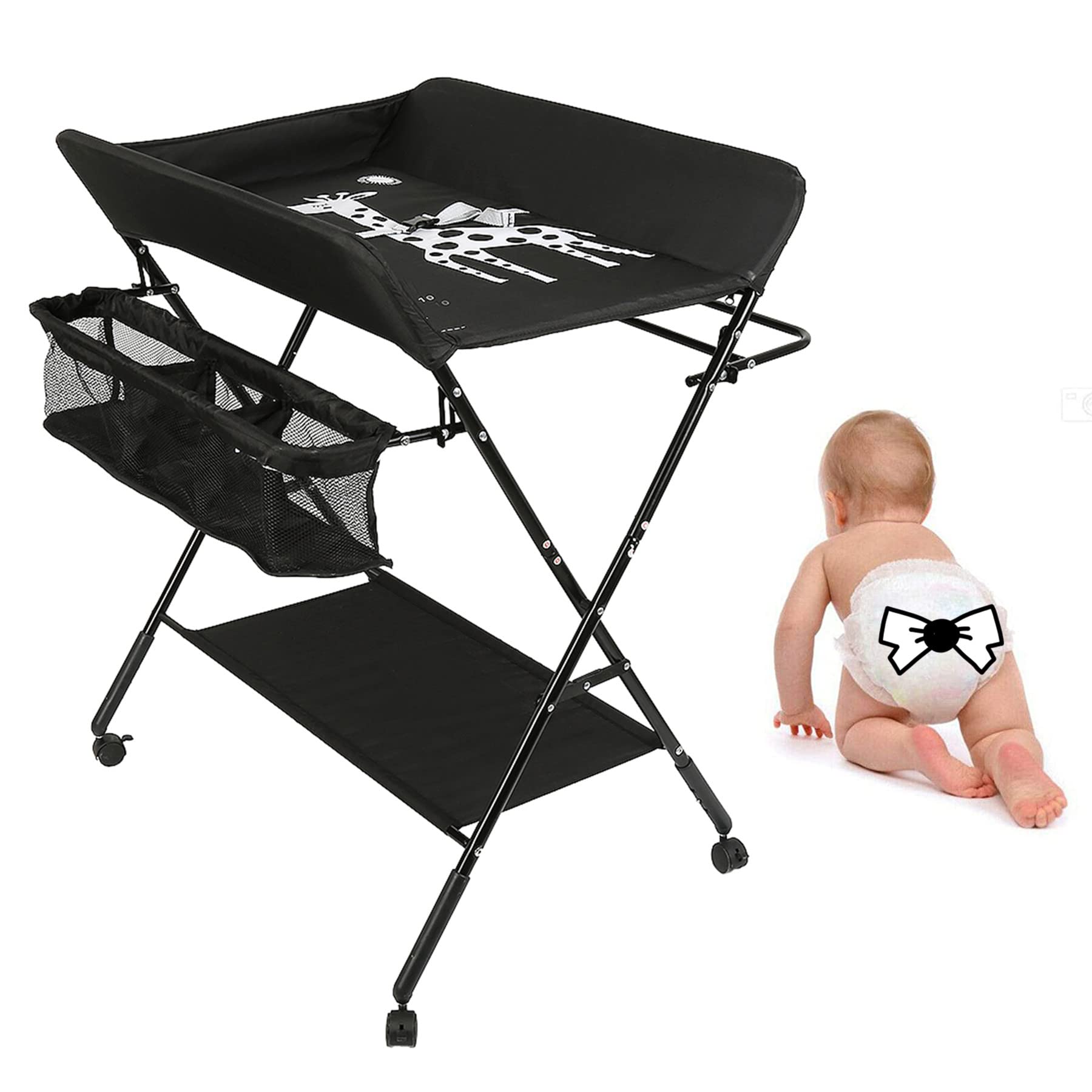 ZMGUA Table à langer RELOVE Pliante avec Panier de Rangement Côté Structure en Fer Charge Max 25KG pour Nouveaux-Nés Design Ergonomique, Noir (80 * 66 * 98cm)