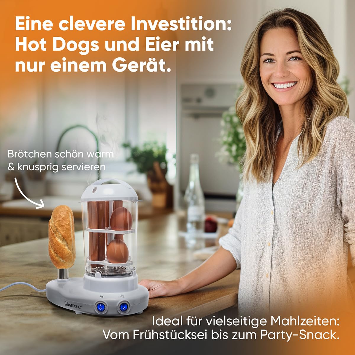 Clatronic 2in1 Hot Dog Maker & Egg Cooker | Set Hotdog Maker pour 1-14 saucisses | Egg Cooker pour jusqu'à 6 œufs | avec broche chauffante en acier inoxydable | avec gobelet gradué et pic à œufs