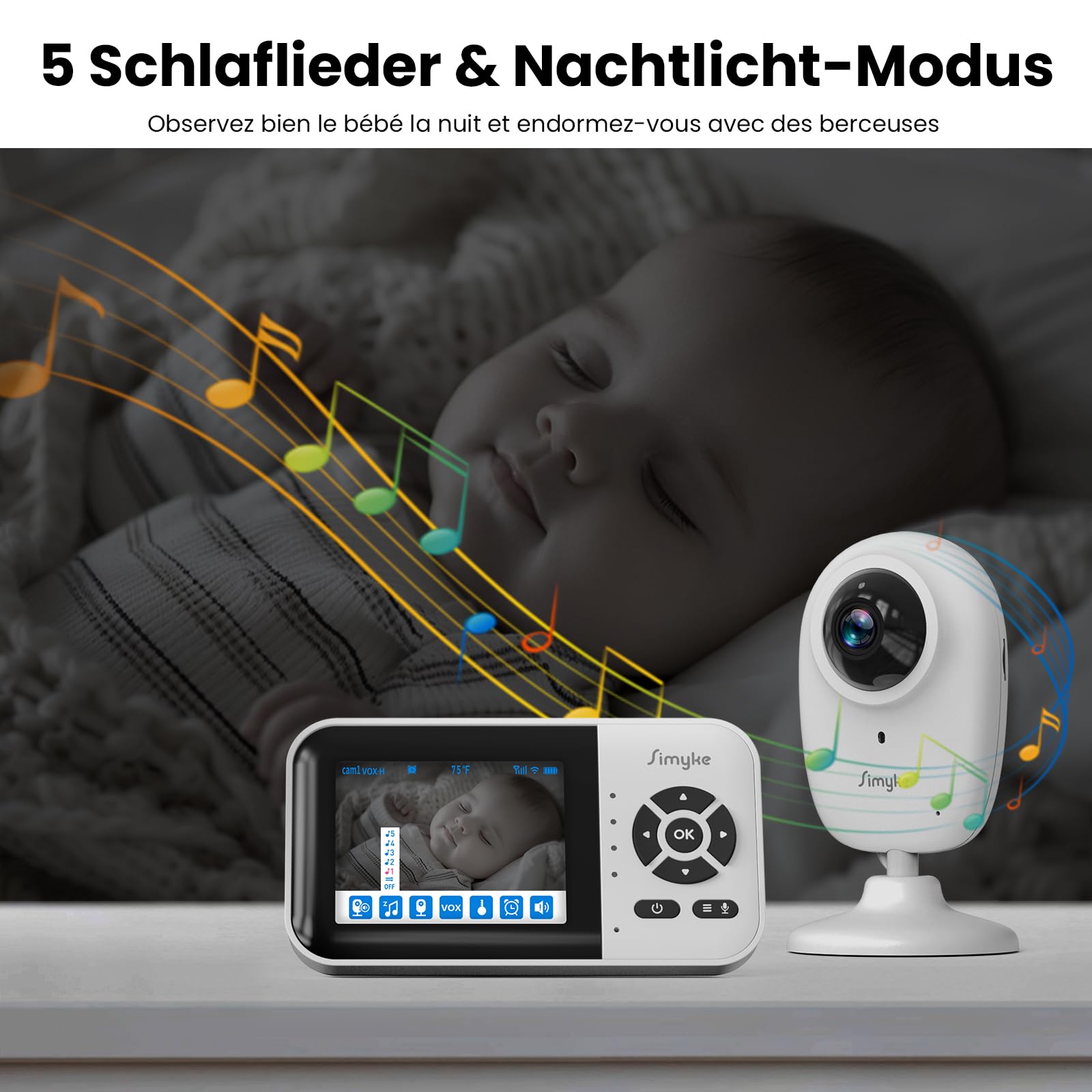 Simyke Smart BabyMonitor 1080p with 2 Camera, WLAN On/Off Schalter, WiFi Remote Access, 1500ft Long Range, 2-Way Talk, Sound Alert, Temperatursensor, Lullabies Fütterung