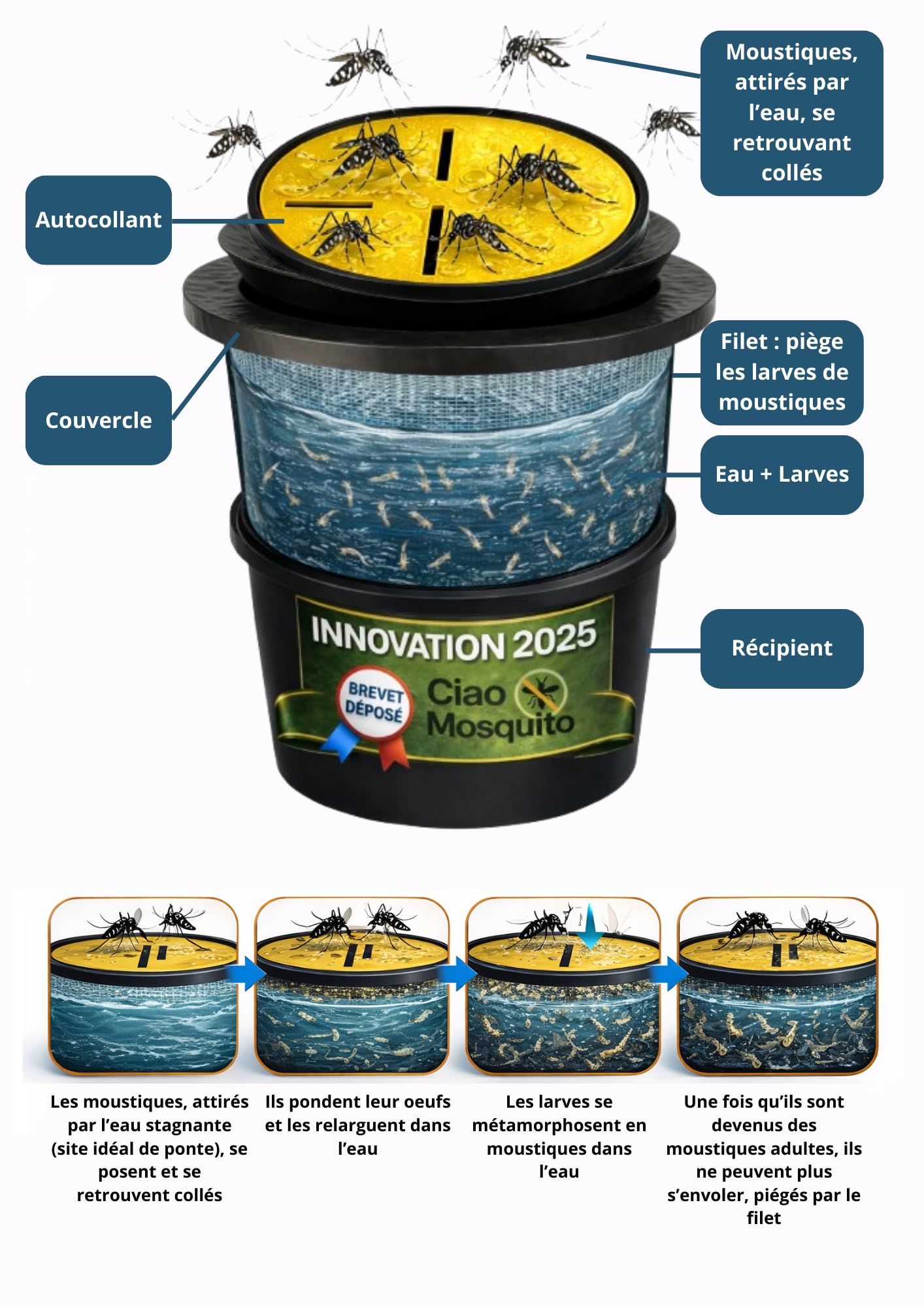 Piège à Moustiques Tigres avec Récipient & Couvercle – Innovation 2025 – Piège à Larves Écologique sans Insecticide – Solution Anti Moustique Jardin Terrasse Balcon – Ciao Mosquito®