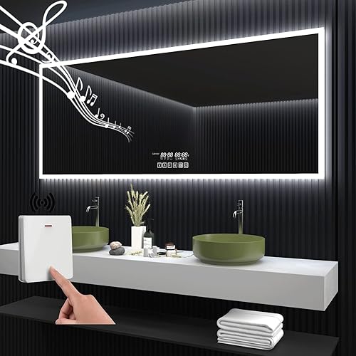 Espejo LED de baño de 48 x 36 pulgadas, espejo de pared con control de interruptor de pared, altavoz inalámbrico, botón táctil de tocador, luces