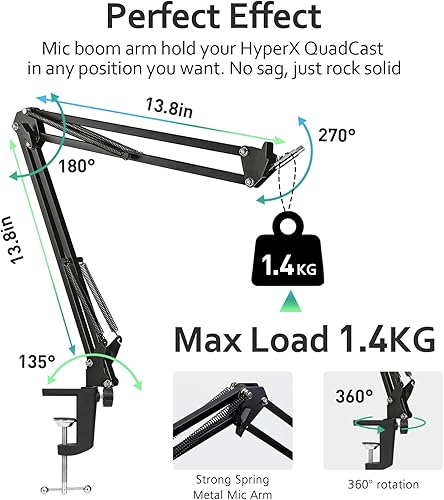 Miniatura 2 de Para Fifine K688 Boom Arm - Brazo de micrófono ajustable con gestión de cables, brazo de micrófono con adaptador de 38 a 58 pulgadas compatible con