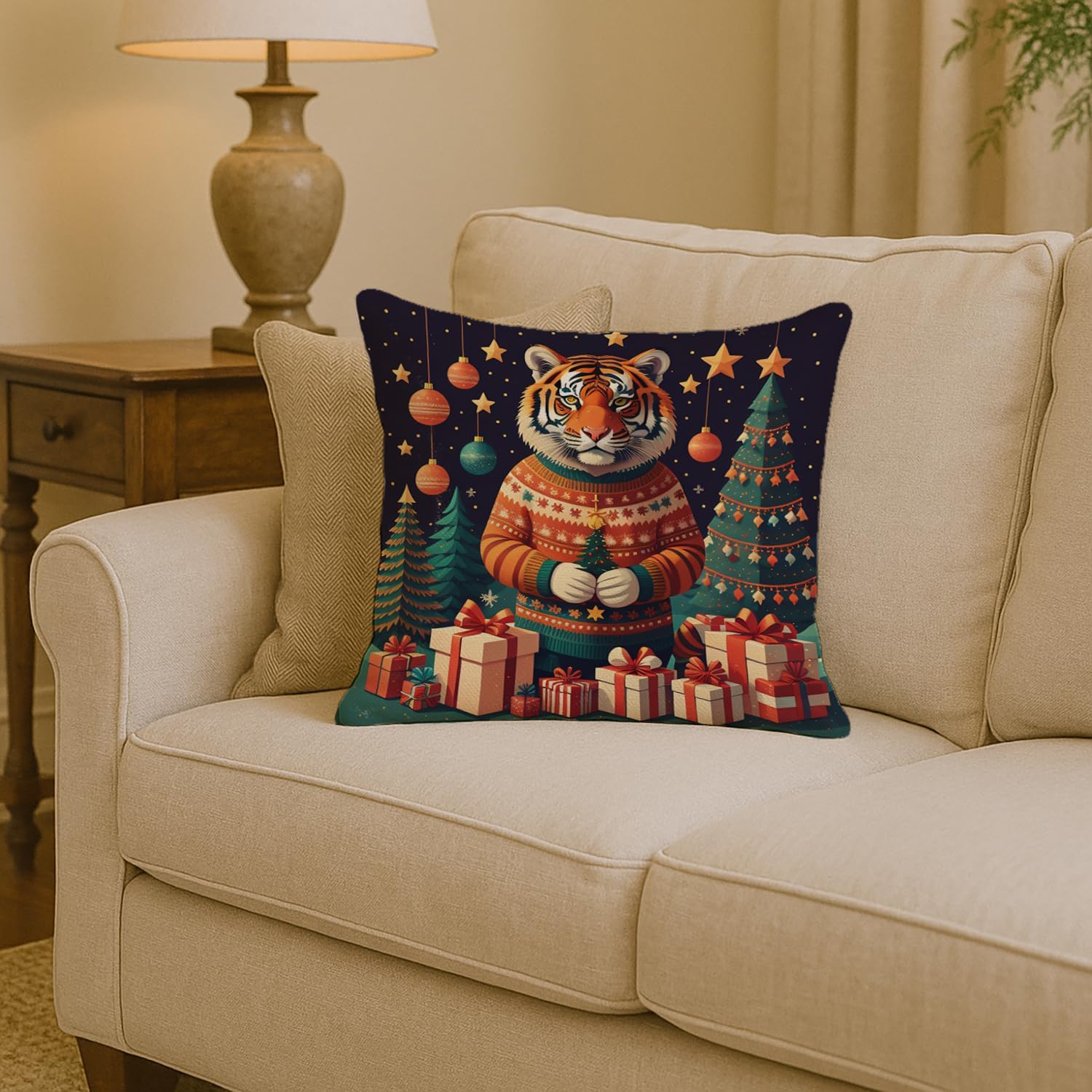 Caroline's Treasures DAC1205PW1414 Tiger Christmas Fabric Decorative Pillow Machine Washable, Indoor Outdoor Decorative Pillow for Couch, Bed or Patio, 14Hx14W