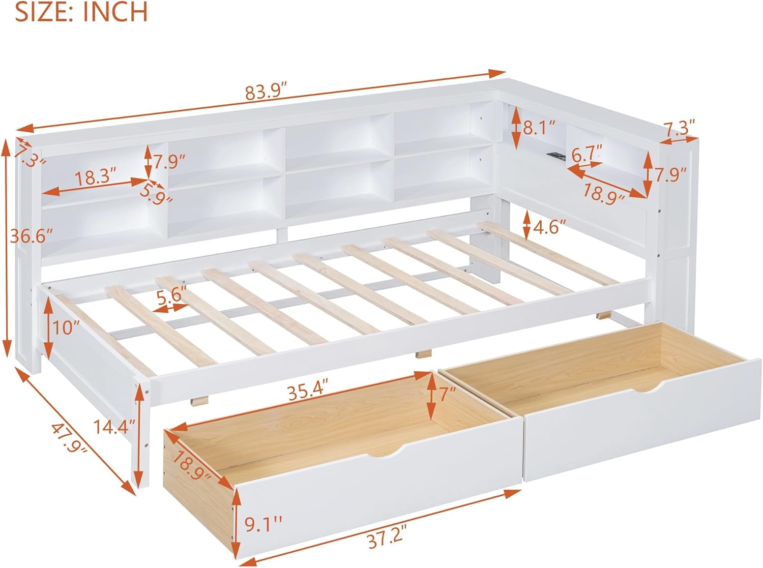 Front view of BOVZA DayBed frame with key dimensions