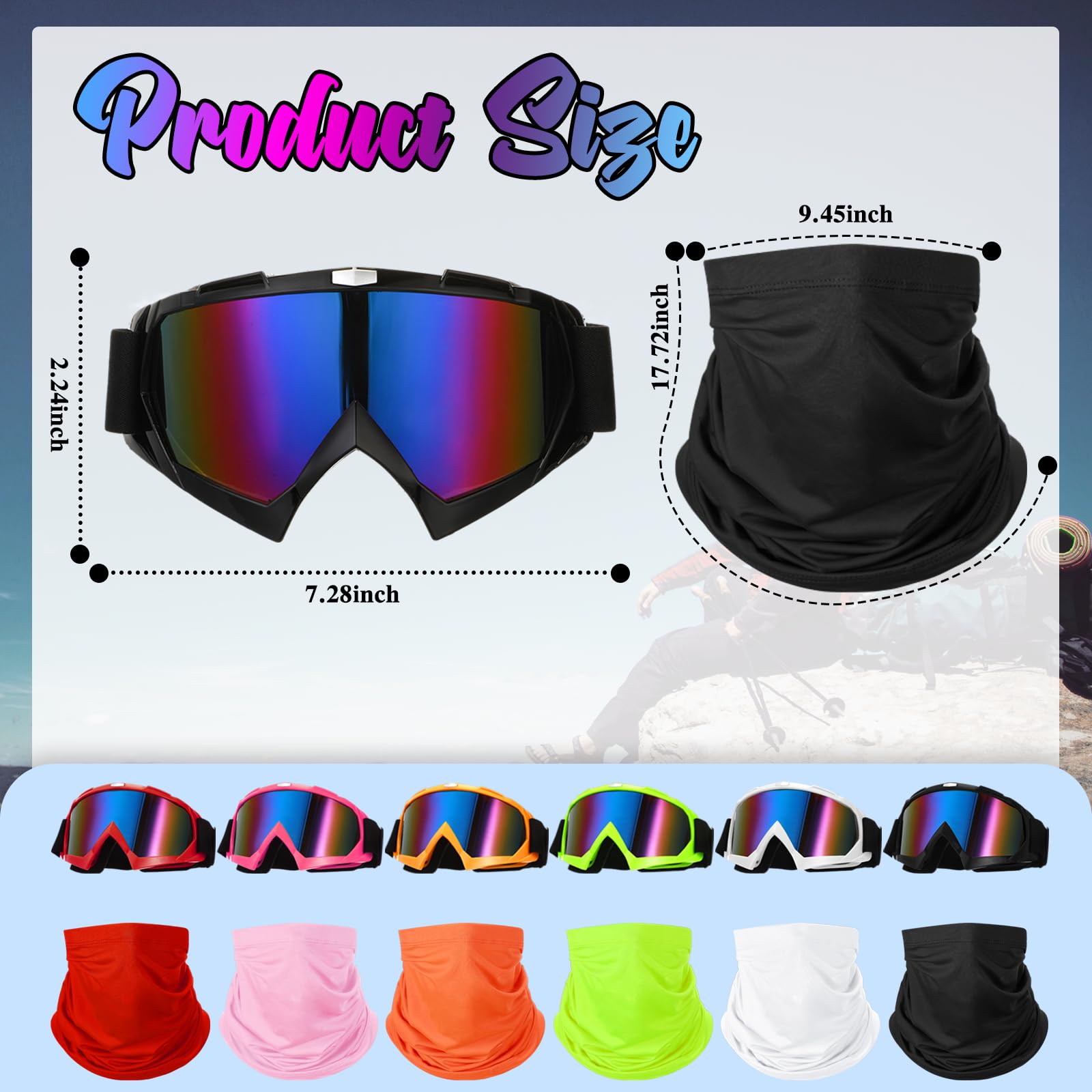 Poen 6 Pcs Motorcycle Goggles Windproof Adjustable ATV Snow Dirt Bike Safety Goggle for Man Women and 6 Pcs Breathable Face Cover Face Mask for Motorcycle Riding Cycling Hiking