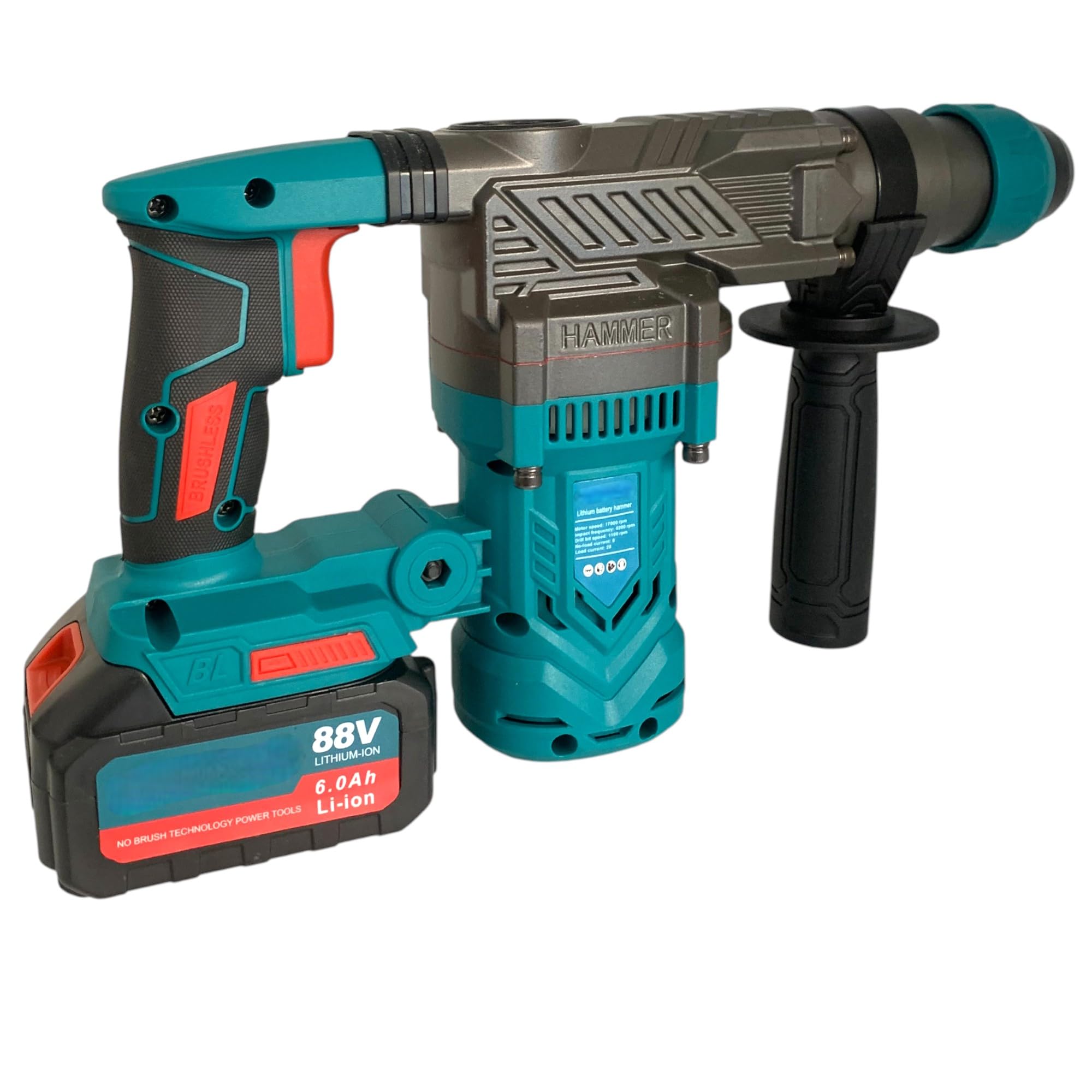 Trapano Martello Demolitore a Batteria 88V SDS PLUS con 2 Batterie 6Ah – Motore Brushless 3.2J, 5200 BPM, Perforatore per Perforazione su Cemento e Muratura
