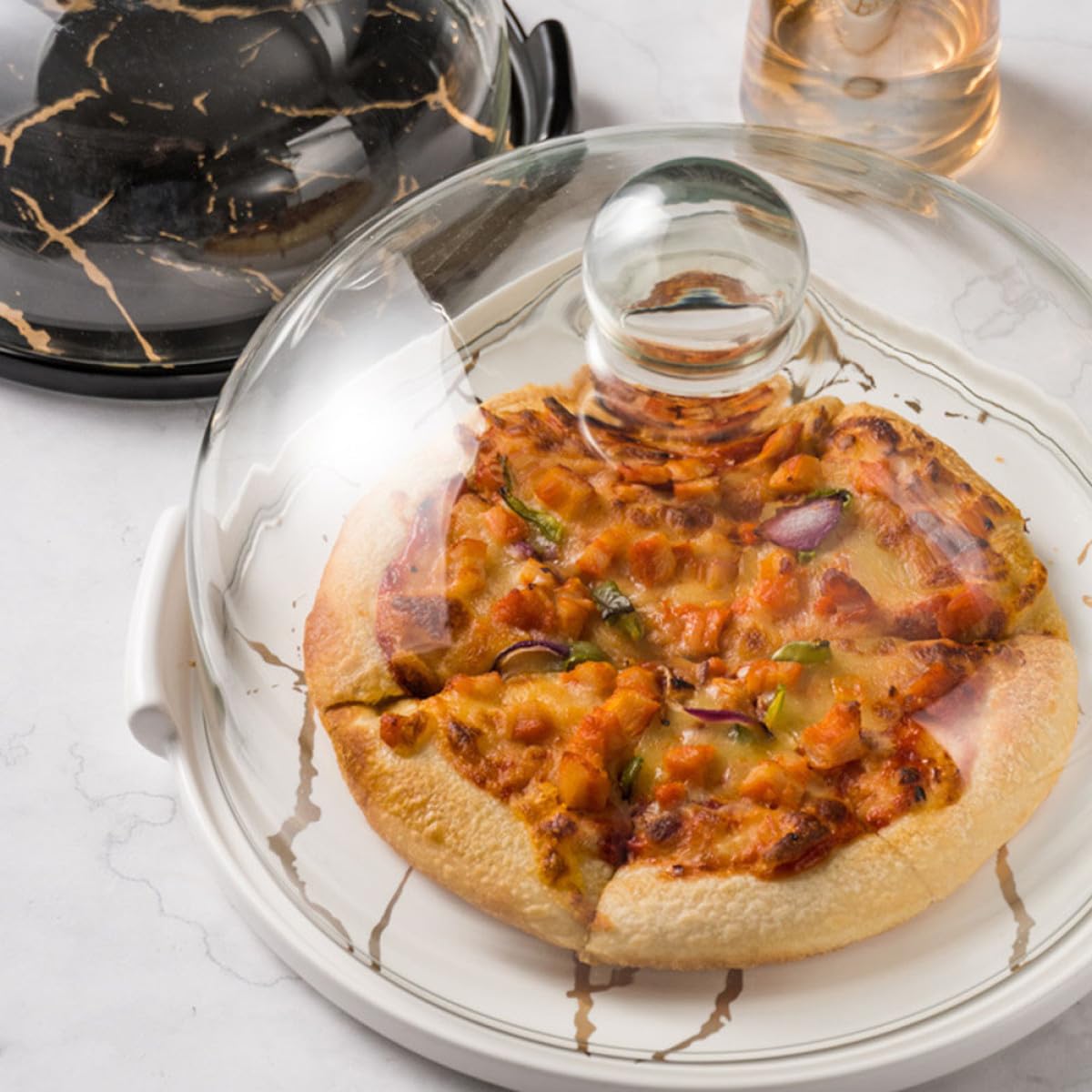 Ipetboom Alzata Dolci con Cupola in Ceramica Effetto Marmo Bianco | Ampia Capienza, per Negozi e Hotel, Conserva Caramelle e Frutta Secca, Mantiene Puliti i Dolci