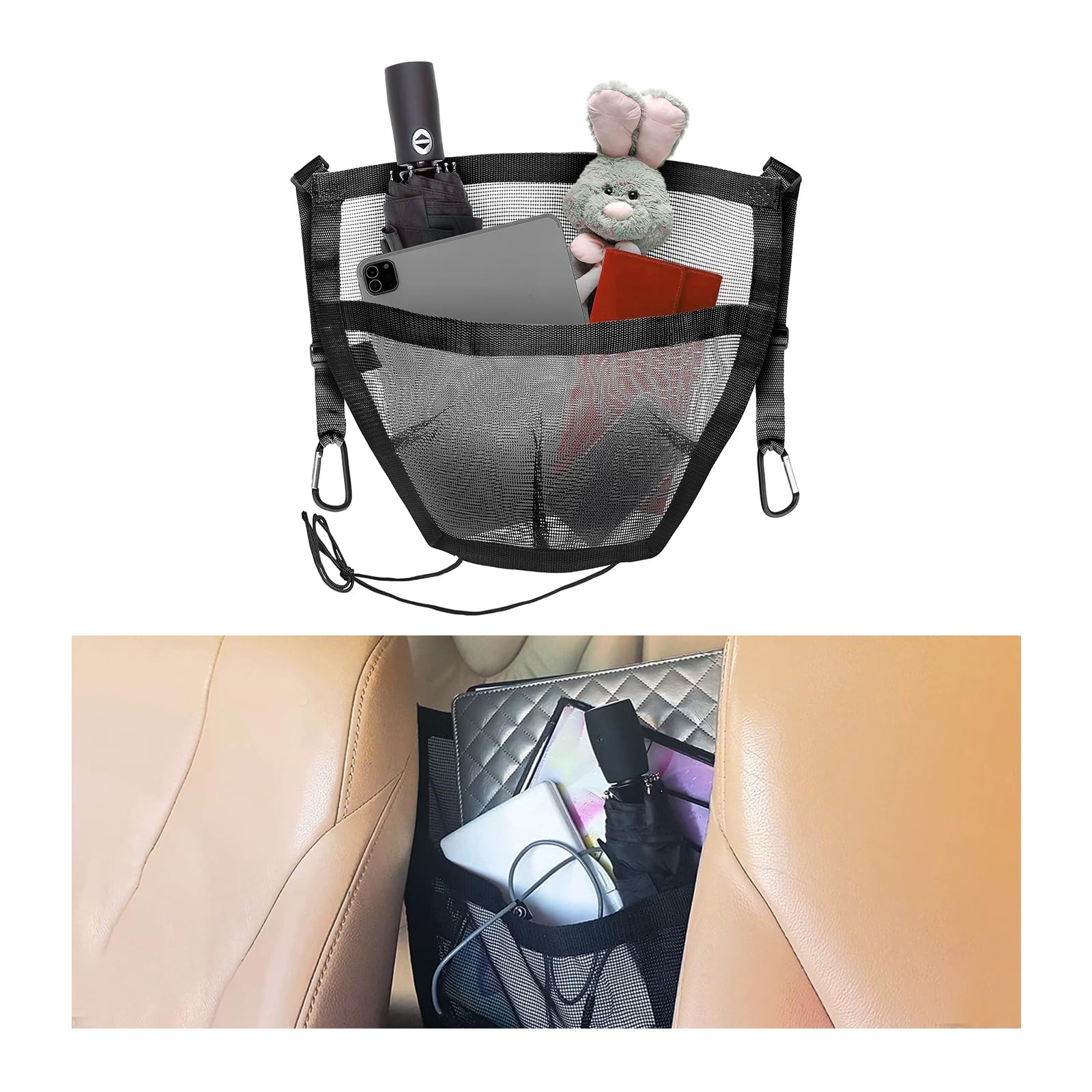 ZicinerCar Cache Purse Holder, Net Pocket Handbag Organizer Between Front Seats, Automotive Barrier Helps Protect Backseat Kids Pet, Car Interior Accessories for Women and Men (Black)