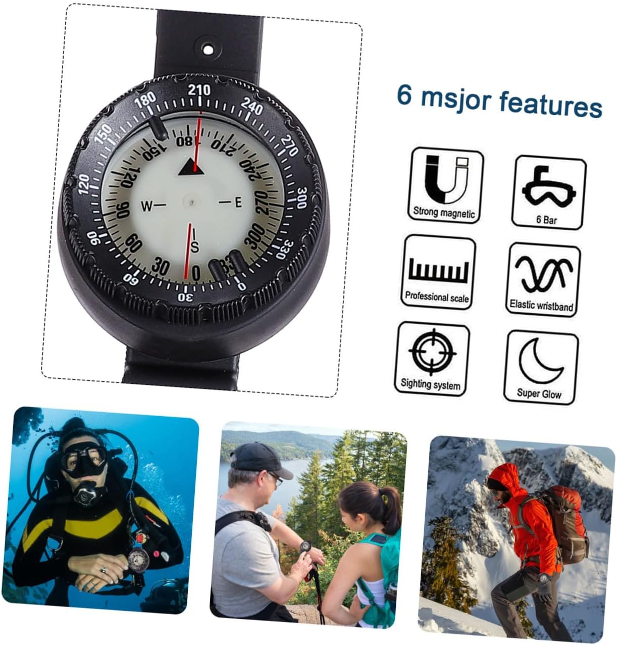GALPADA Underwater Luminous Wristband Compass Waterproof Mini Watch Strap Compass for Outdoor Navigation and Diving