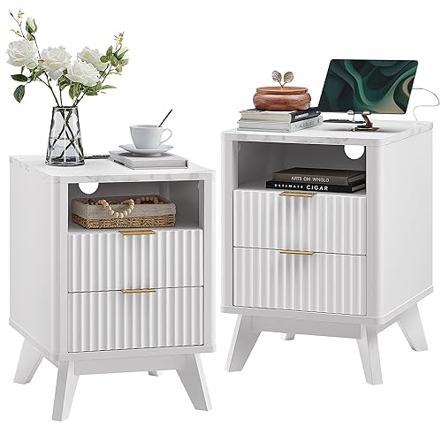 T4TREAM Fluted Nightstand Set of 2 with Charging Station, 18"