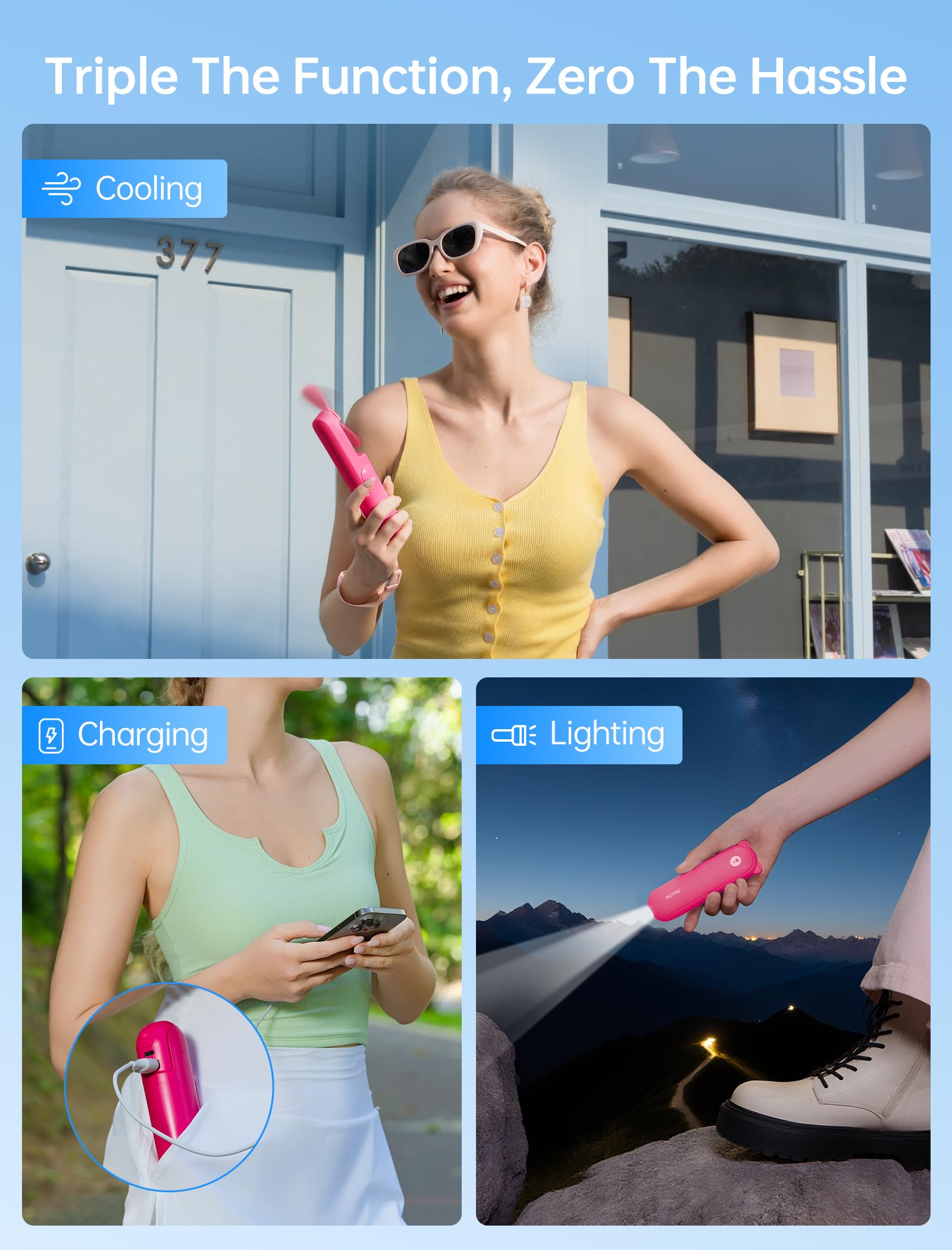JISULIFE 3 IN 1 Portable Fan with Power Bank & Flashlight Featured, Fuchsia, liten - Image 2