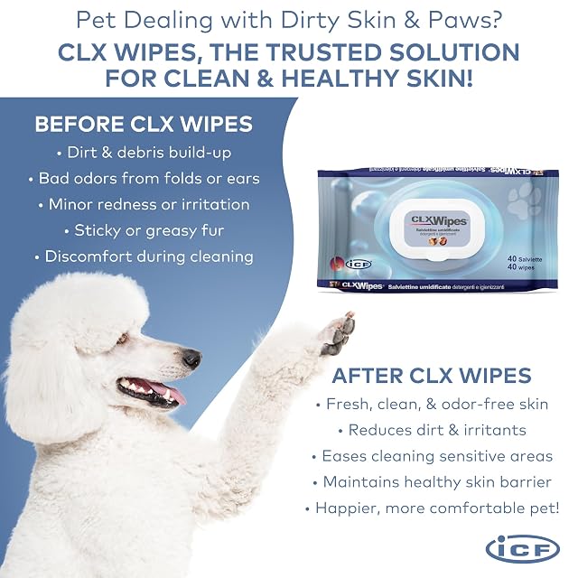 Foto 7 de 8 de CLX Wipes Toallitas Clorhexidina Perros Gatos Higiene Patas Pliegues 40 ud