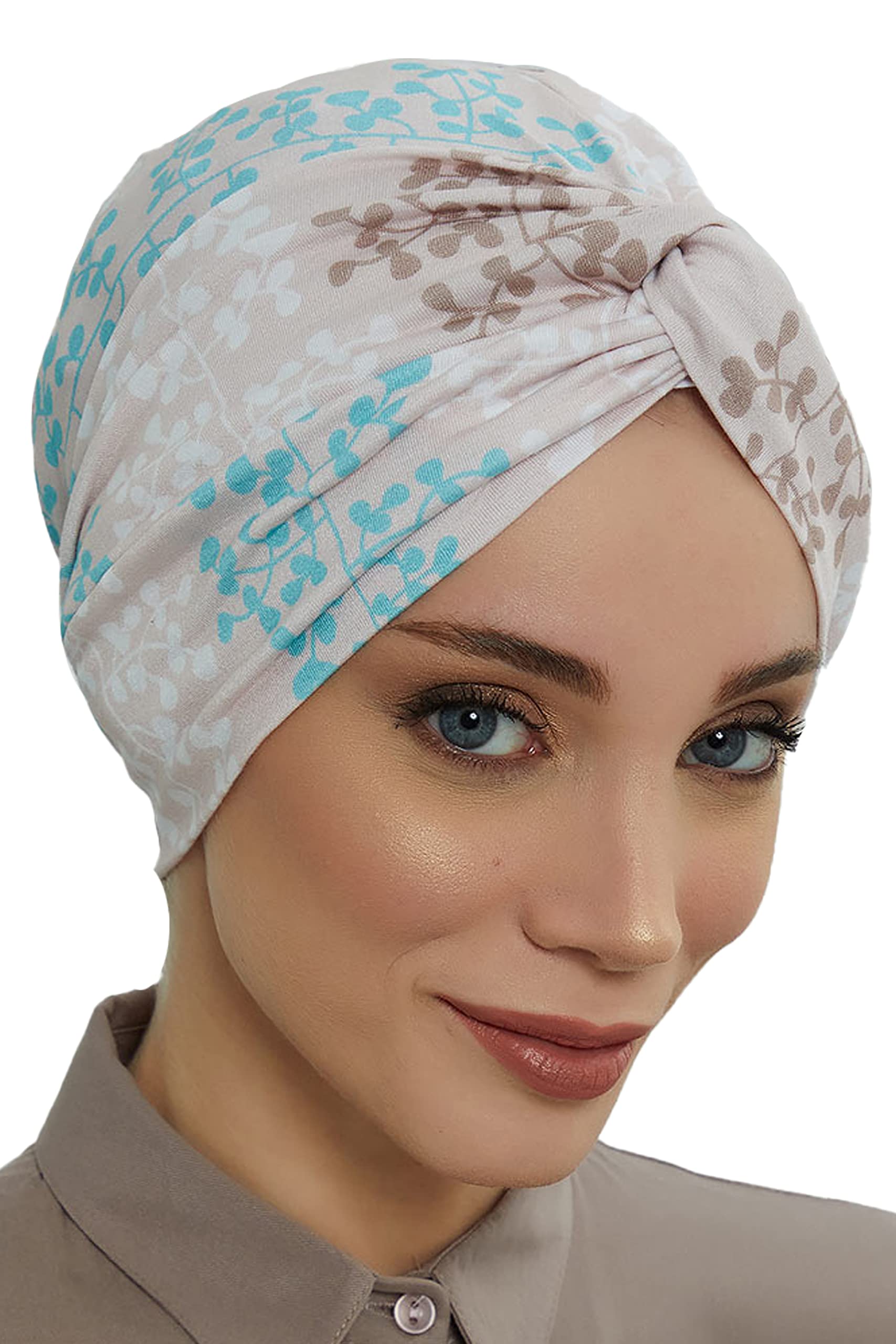 Aisha's Design Maharajah Style Combed Cotton Printed Instant Turban with Various Patterns Flexible Turban Bonnet Head Wrap Soft Scarf Fashionable%95 Cotton Pre tied Headwear, Grey - Blue