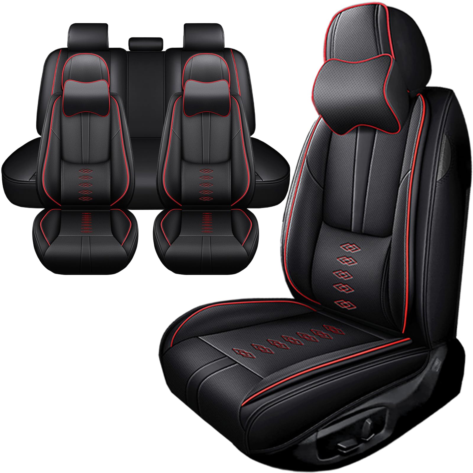Car Seat Covers for Neon,for Dodge Neon 2000-2005,Leather Full Set Seat Covers,Airbag-Compatible Car Seat Protectors,Waterproof Seat Cover for Cars(Black+Red,5PCS/with Pillows)