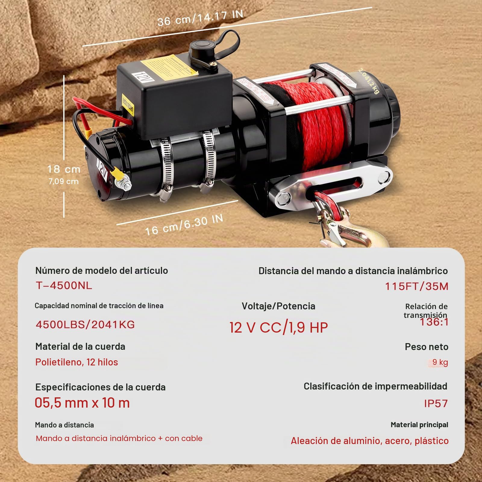 TEENO Cabrestante Eléctrico 12V 4 500 LBS / 2041 Kg, Cuerda Sintética 5.5 mm x 10 m, Control Remoto Inalámbrico Cabrestante de Cuerda de Nylon con Controlador por Cable