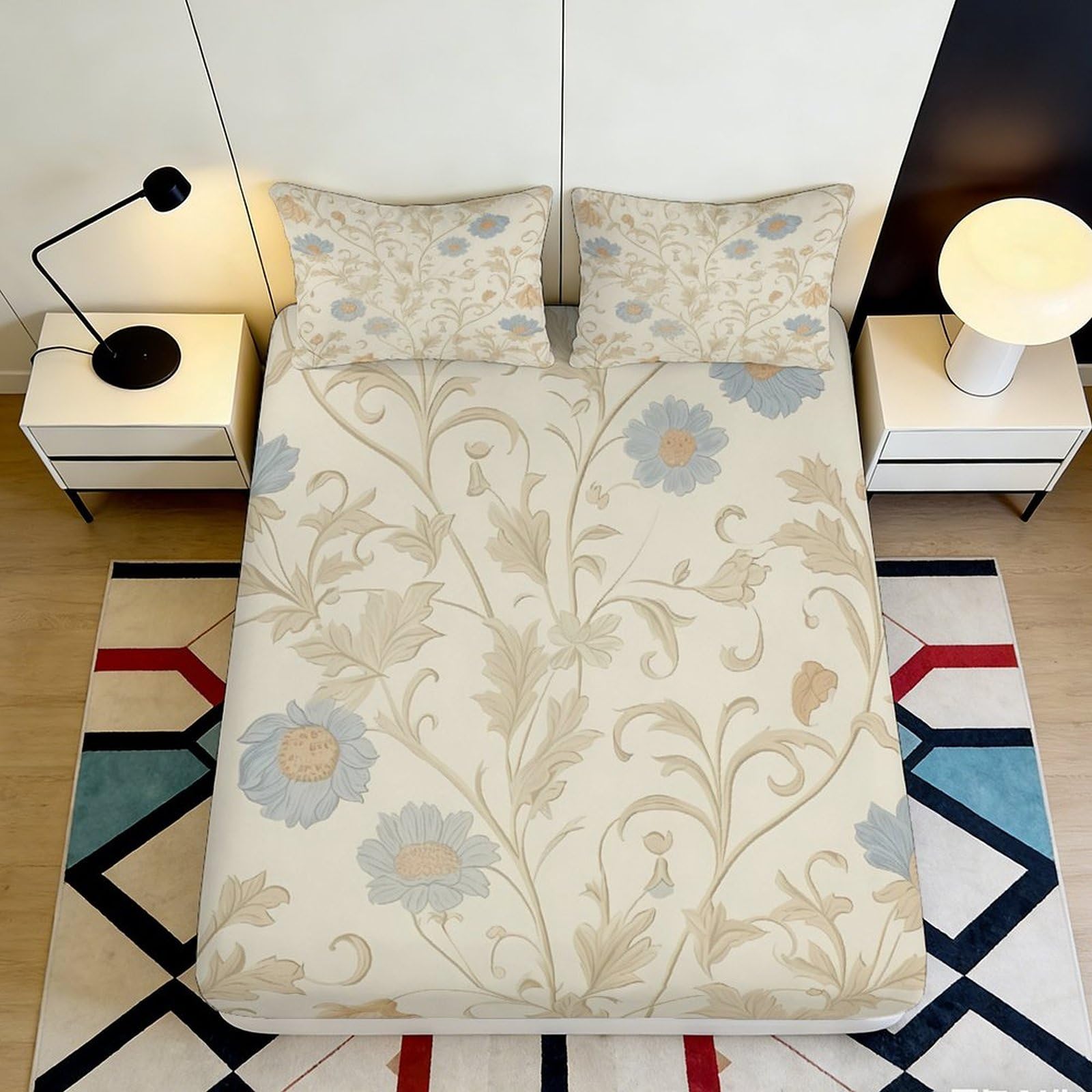 3D Printed Floral Fitted Sheet Microfiber Elastic Hem Deep Pocket Bedroom Bedding Floral Mattress Fitted Cover Washable for All Ages 180x200x25cm