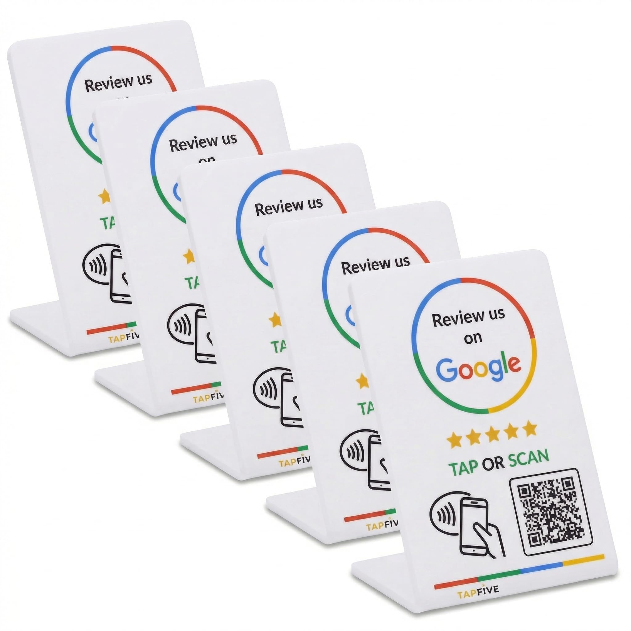 Google Review Stand by TapFive – Tap to Review NFC Tap &amp; QR Code Sign for Restaurants, Salons, Retail &amp; Front Desks | QR Code Stand | No Monthly Fees (White, 5 Stands)