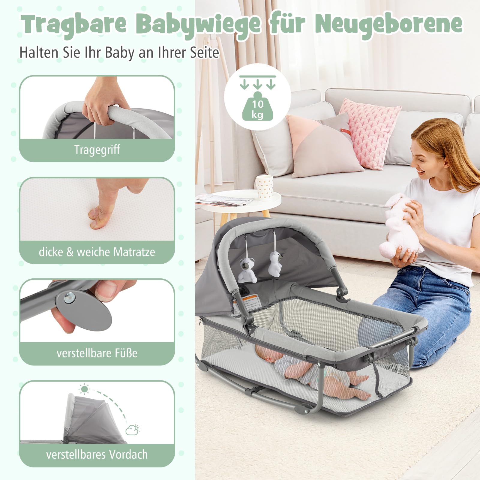 DREAMADE 5 in 1 Reisebett Baby mit Matratze, 110 x 78 cm Beistellbett mit Wiege & Wickelauflage, Babybett Komplett Set für Neugeborene & Baby bis 36 Monate (Grau)