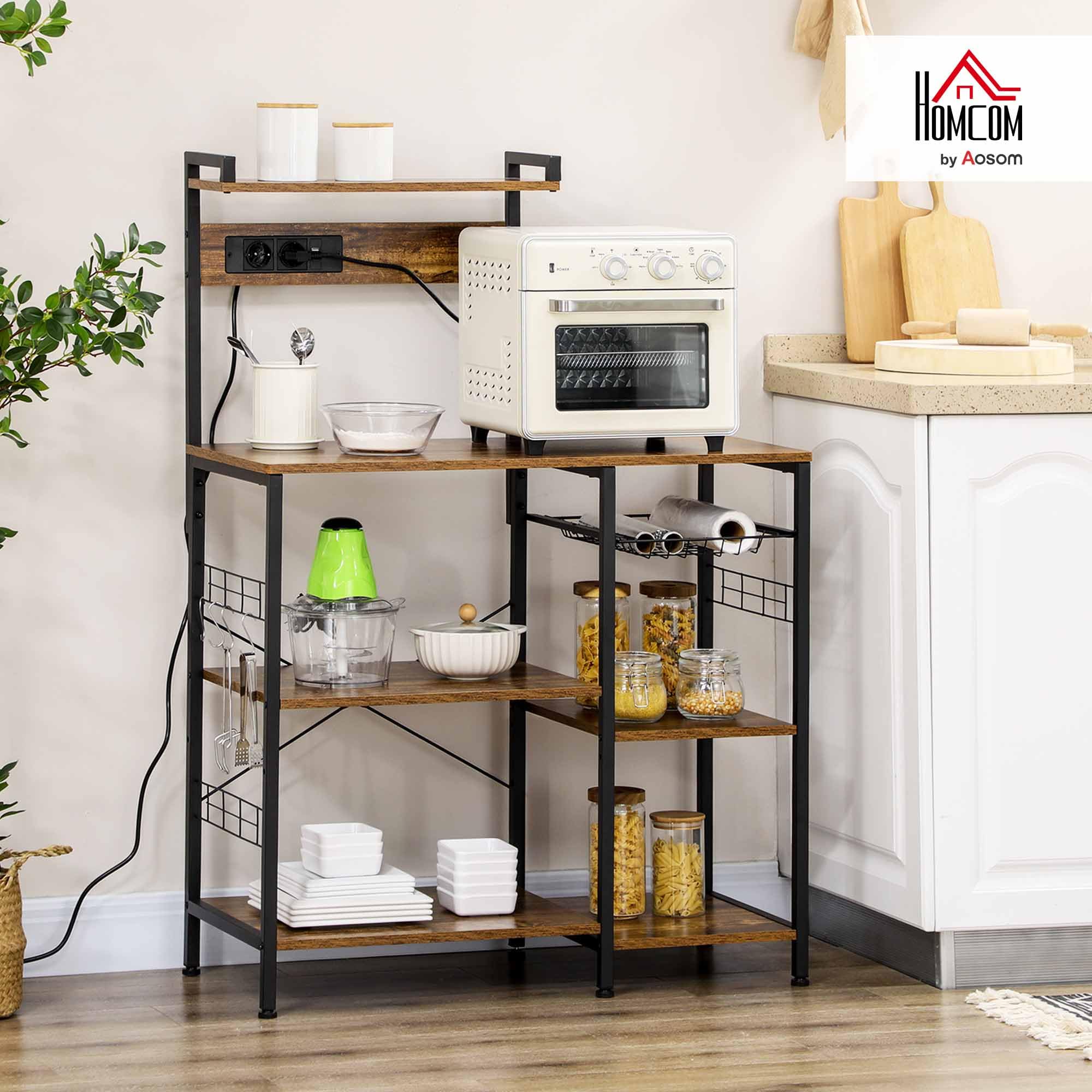HOMCOM Estantería de Cocina Industrial Estante de Cocina con Toma de Corriente 2 Puertos USB Estantes Ajustables Ganchos y Cesta Metálica 90x42x130 cm Marrón Rústico
