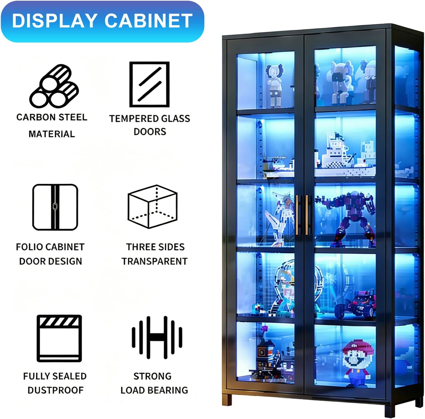 Display Cabinet with Glass Doors, 5-Tier Curio Cabinet, 67" High Display Case, Collectibles Toy Organizers Rack & Display Shelf, High Display Case for Bedroom, Office, Playroom, Living Room