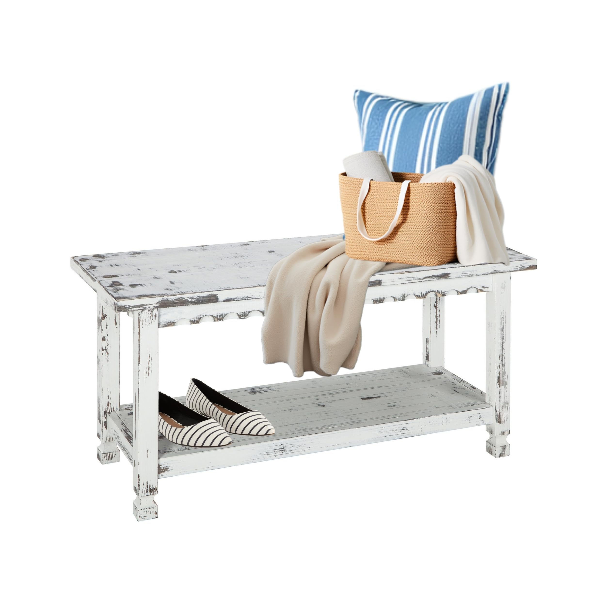Country Cottage 36-Inch Farmhouse Entryway Bench with Storage Shelf – Solid Pine Wood Bench in Distressed White for Hallway, Bedroom, or Mudroom by Alaterre Furniture