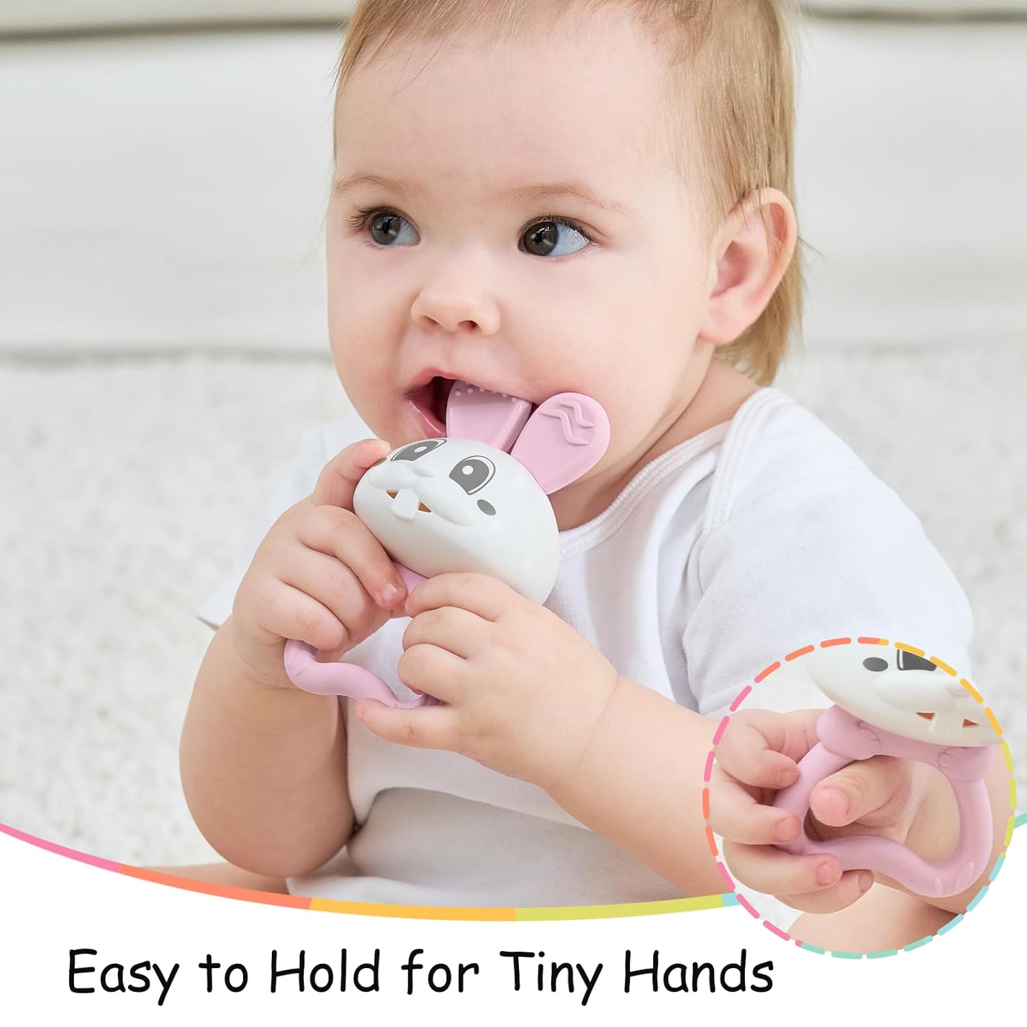 Baby's First Toy with Rattle, Teething Toys for Babies 3 Months+, Mombella Bunny Baby Teether Toys with Clip to Attach, Teething Relief Baby Chew Toys 6-12 Months, Pink