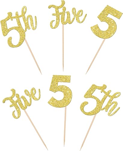 Miniatura 2 de 24 piezas de decoración de cinco cupcakes con purpurina para 5 cumpleaños número 5 cumpleaños cinco decoraciones de pastel para baby shower niños,