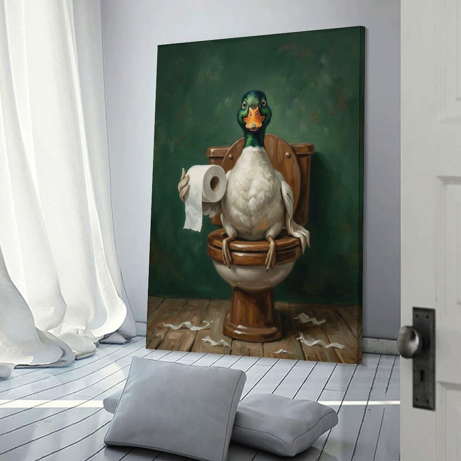 Junmoney Duck on Toilet with Toilet Paper Home Decor Wall Art, 20x30inch(50x75cm), for Apartments, Flats Or New Home Decor, An Easy Choice for New Home Styling