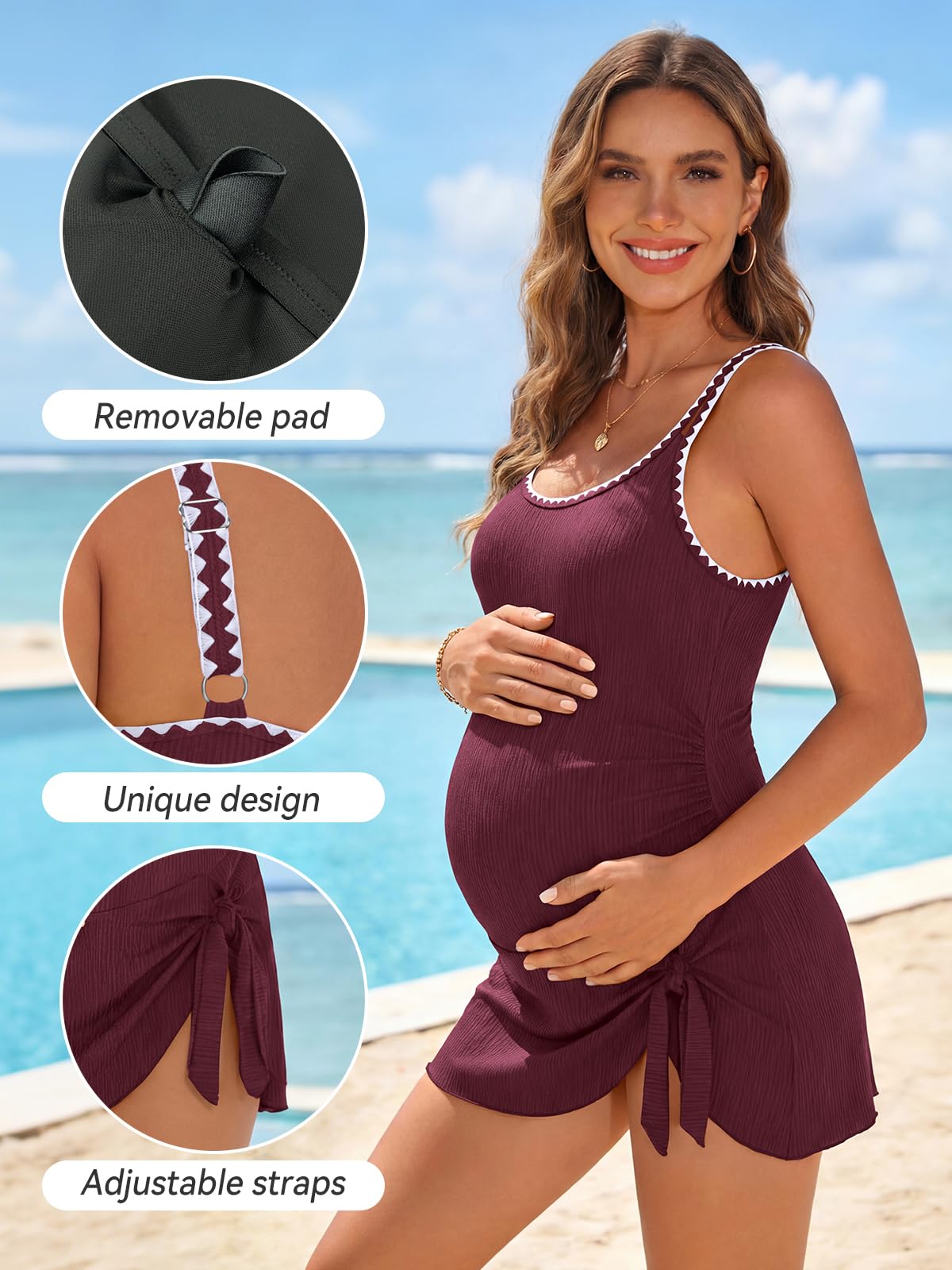 SHEKINI Abito premaman a coste – Costume da bagno premaman con gonna integrata da legare in vita