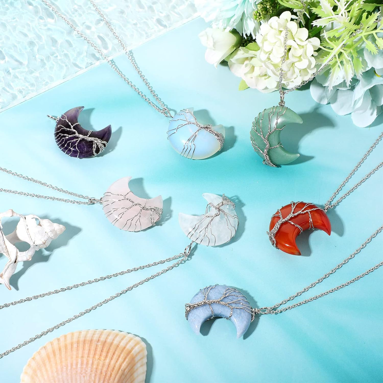 Sherr 15 Pcs Life Tree Crescent Moon Necklace Wire Wrap Natural Gemstones Pendant Healing Crystal Necklaces Reiki Spiritual Multicolored Jewelry Gift for Women - Image 2