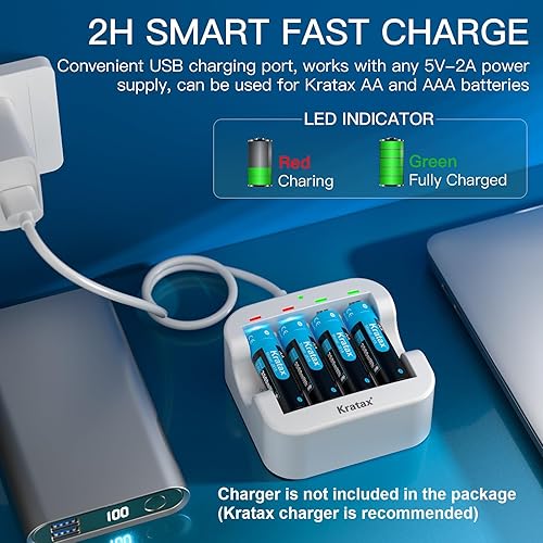 Miniatura 7 de Kratax Baterías de litio AA recargables de 1.5 V, paquete de 4 baterías AA de iones de litio de 3500 mWh, de alta capacidad, 1600 ciclos,